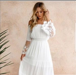 White off shoulder dress with venice lace trim
